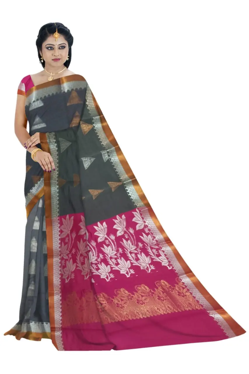 WOMEN'S PURE COTTON SAREE WITH UNSTITCHED BLOUSE GRAY COLOUR