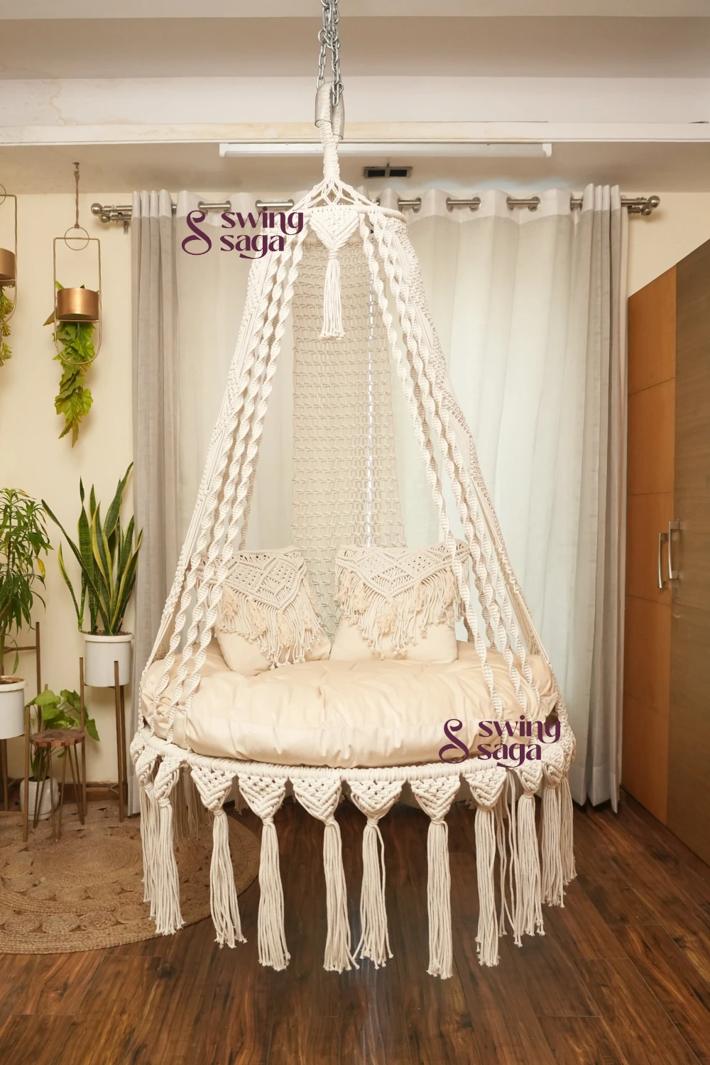 White Sand Swing Chair - 40 Inch, Macrame Hanging Seat, Comfortable & Stylish for Home & Garden - Swing Saga, Relaxing Swing