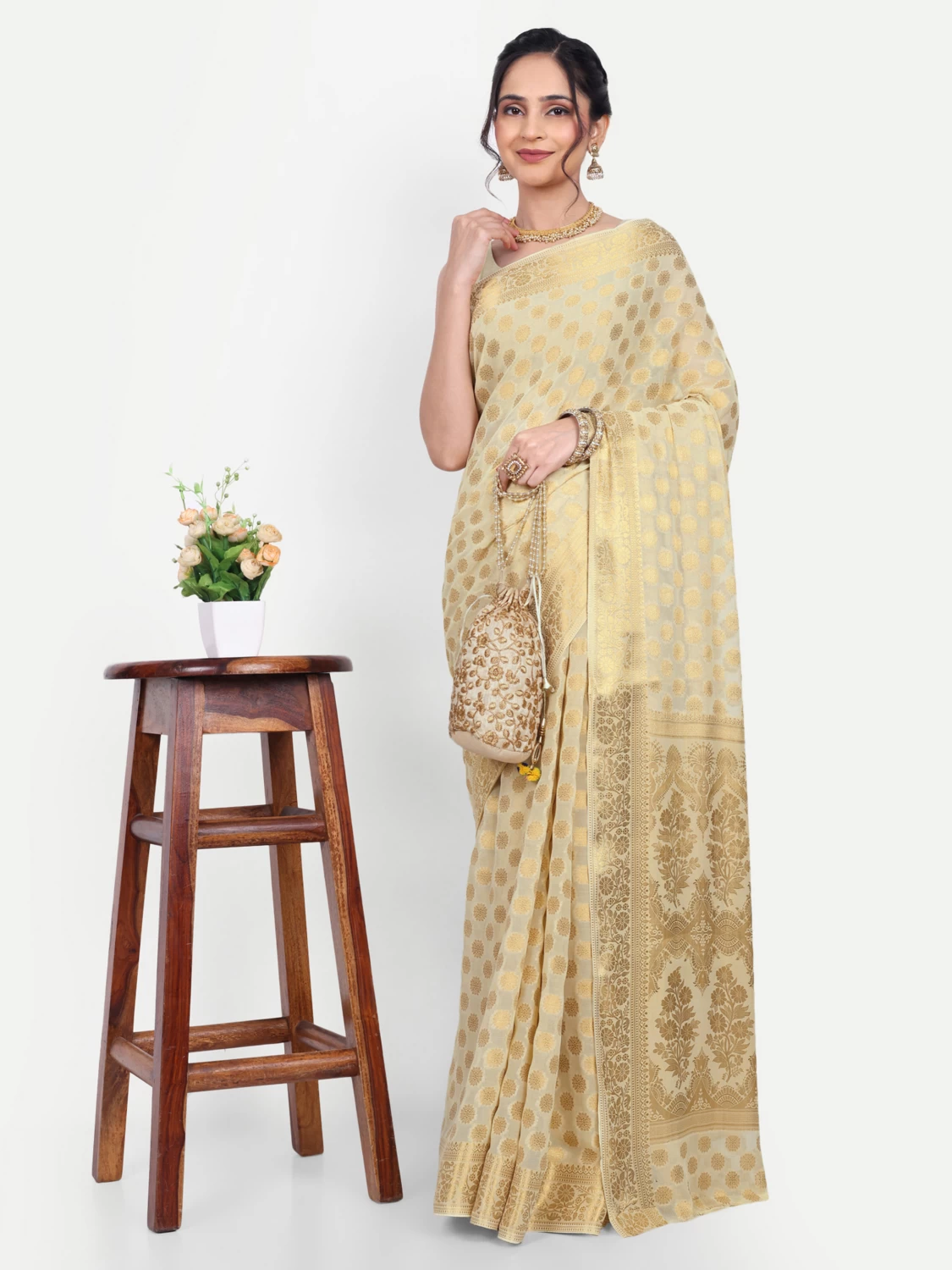 Beige Chiffon Saree | Elegant & Lightweight Designer with blouse