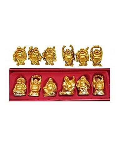 Feng Shui Golden Laughing Buddha Figurine Set for Good Luck Set of 6 (Gold_5 cm) Polyresin