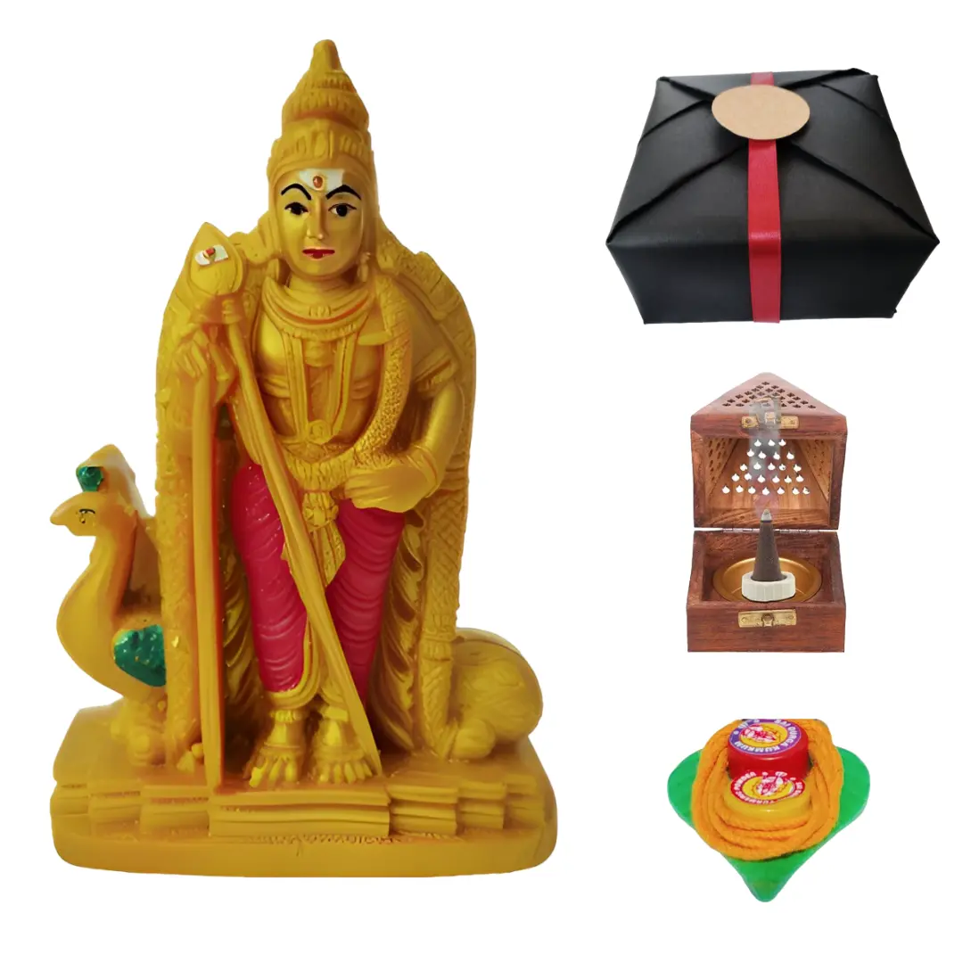 Divine Decor: Lord Murugan Statue | For Dashboard With Wooden Sambrani Dhoop Stand & Mangalya Thread | Includes Gift Wrap By RC Creation