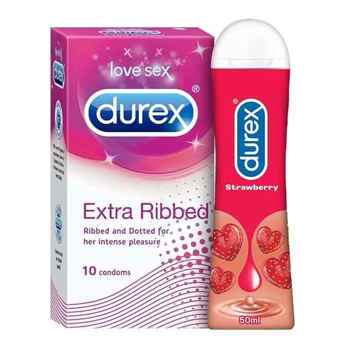 Durex Extra Ribbed Condoms For Men-10 Count With Durex Lube Strawberry Flavoured Lubricant Gel For Men&Women-50Ml|Water Based Lube|Compatible With Toys|Dotted&Dotted For Extra Stimulation