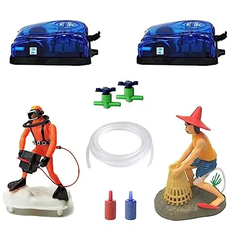 Jenixa Stone Aquarium Accessories Combo Pack - Aquarium Air Pump (2) + Aquarium Moving Toy Scuba Man + Basket Man Combo - Aquarium Decor Items - Fish Tank Accessories Combo Pack