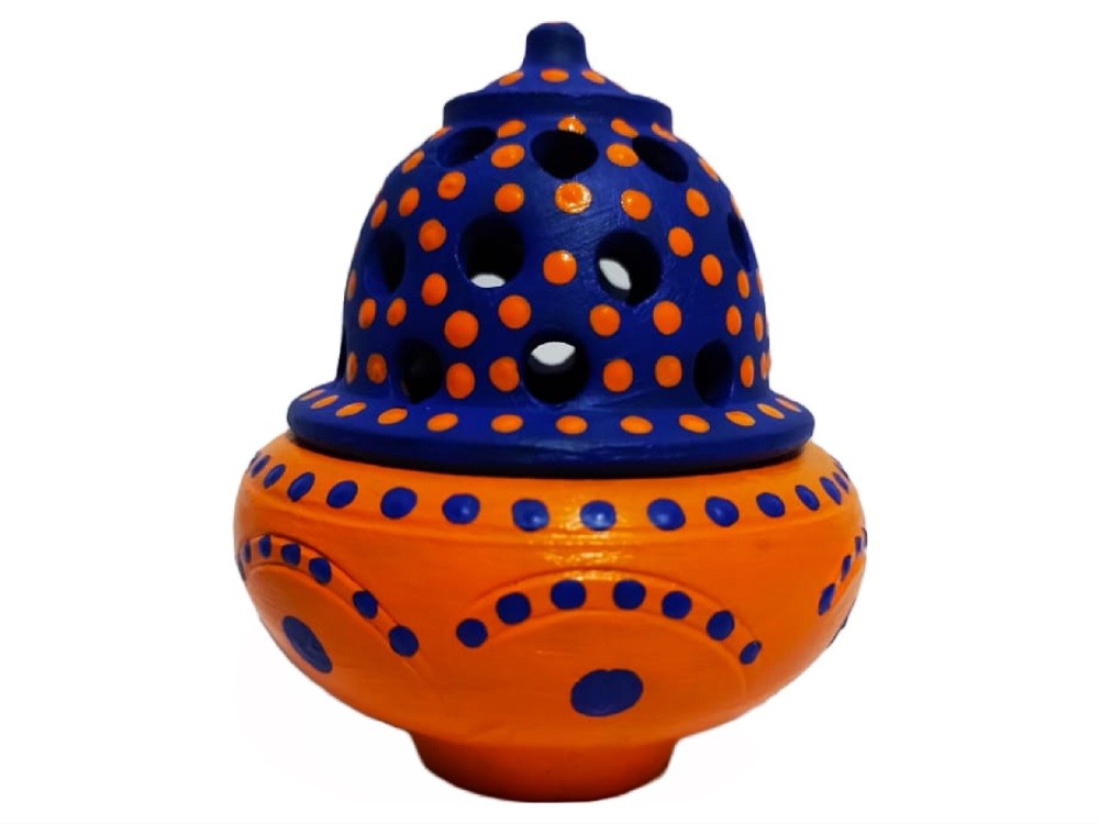 Premium Beautifully Colored Clay Incense Holder/Sambarni Dhoop Stand/Pursian Blue and Scarlet