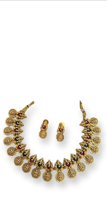 Matte finish neckset and earrings along with lakshmi coins Multi colour for women's and girls