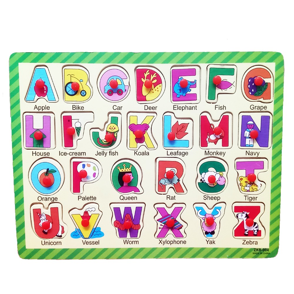 Wooden Alphabet Capital ABCD with Object Learning Colorful Educational Board for Kids, A to Z English Alphabet Learning Puzzle Board - Multicolor