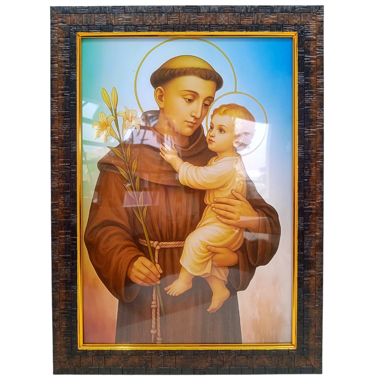 Framed Saint Anthony with Baby Jesus, Brown Fiber Frame, 25 × 34 cm, Acrylic Glass Protected