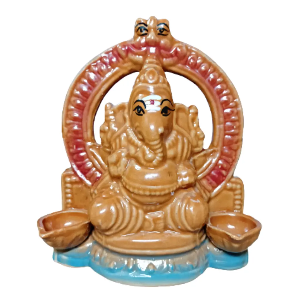 Lord Ganesha Ceramic Sitting Statue(Murti) with Agalvilakku for Home, Office Decor &Pooja Room| Handmade Sri Ganapathi Idol Good Luck Showpiece Gift| Deity Bappa Sculptures (Brown)(15cm)