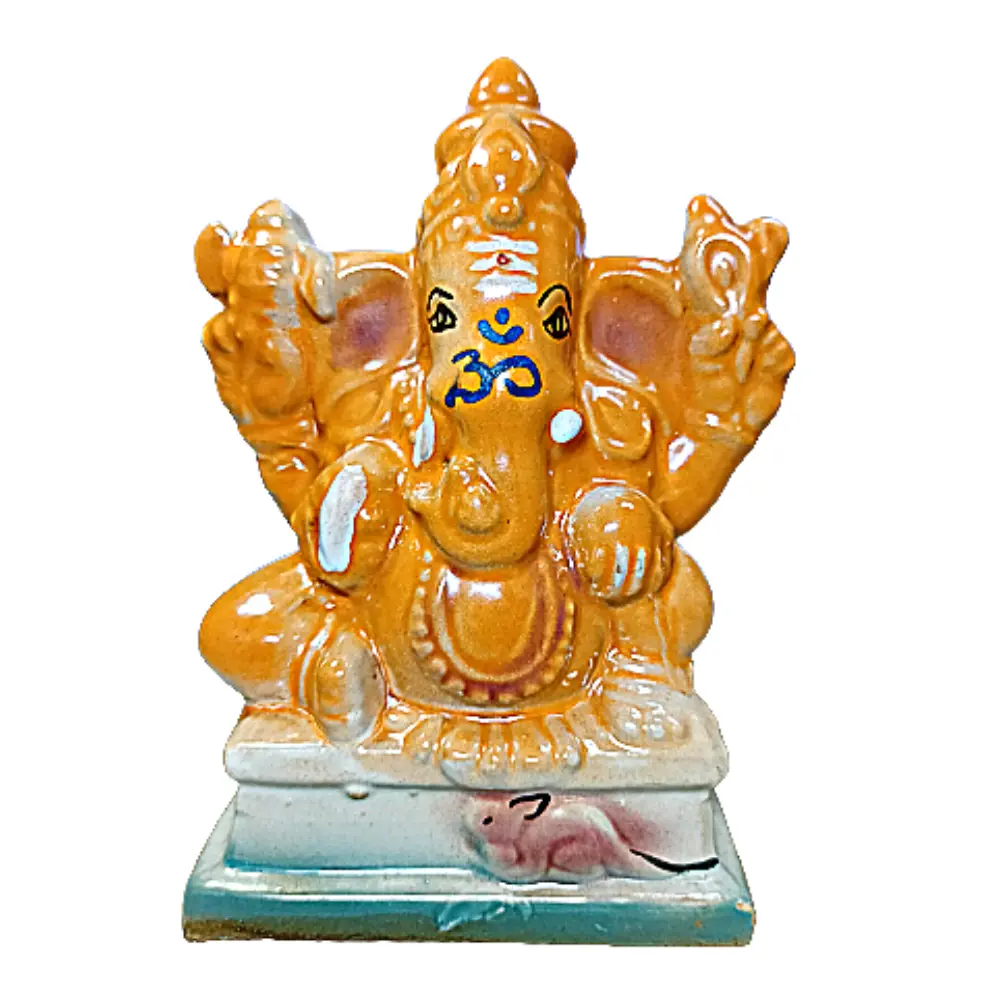 Balaji TRADINGS - Lord Ganesha Ceramic Sitting Statue Idol (Murti) for Home Decor, Office Decor and Pooja Room | Handmade Lord Ganapathi Good Luck Showpiece Gift (Orange with Red) (15 cm)