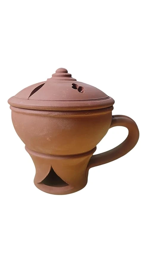 AREMBI-Clay DOOBAKALASAM with LID, Clay Sambrani Holder with lid Brown Color/Incense Holder -, Traditional Incense Burner, Pack of 1