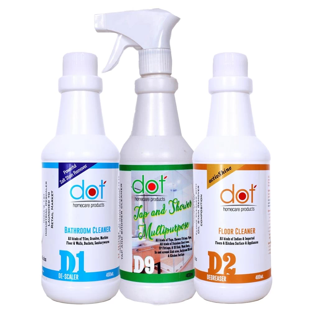 DOT Bathroom Tiles Cleaner Descaler 400ml, Tap Shower Mirror, Kitchen Surface SS Sink Cleaner 400ml, Floor Cleaner Heavy Oil Stain Remover Degreaser 400ml each (Combo Pack)