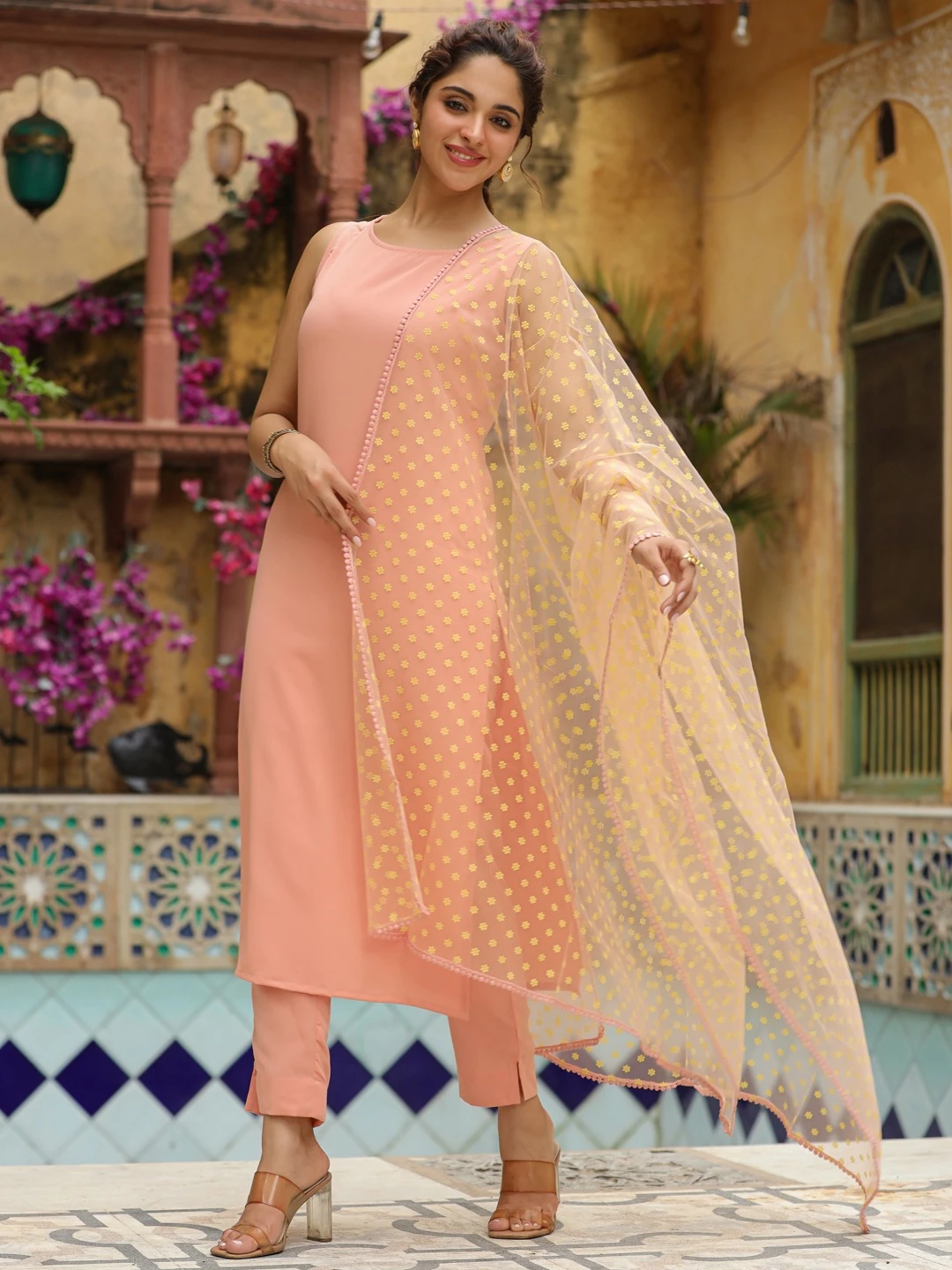 Creamy Plain Kurthi With Pant and Floral Pattern Dupatta Cotton Blend suitable for Both Party and Ethnic Wear