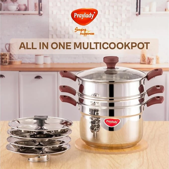 Praylady Multi Purpose Cookpot - All in One Multi Cooker | Triply Base, Glass Lid, Steamer for Vegetables, Rice Strainer, Idli Plates Included
