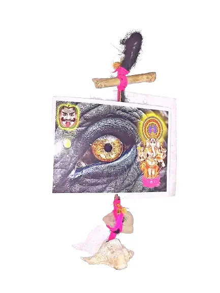 The Elephant Eye Laminations, Drishti Bommai Dhristi Pommai  Nazar Battu Wall Hanging  Photo Frame, with phitkari (alium), Black thread Shankh , Size Height : 36 cm Length : 21 cm