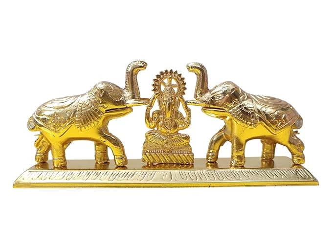 Kumkum Box with Ganesh and Double Elephant Design, Sindoor Dani Set with Roli-Chawal Holder, 15.2 cm x 6.5 cm, Metal