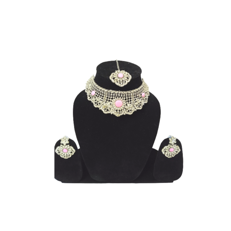 Cute pink crystal choker for  girls and women for special occasions with earrings and headlock