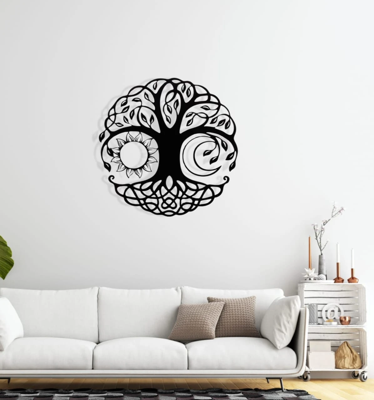 Tree of life Sun and Moon Laser-Cut Metal Wall Art - Home Decor (18x18 Inch, Black)