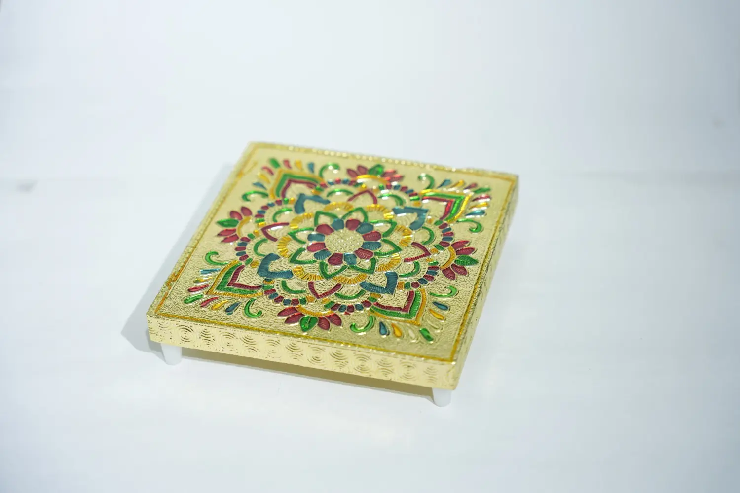 Decorative Multicolour Wooden Pooja Chowki | Meenakari Work | Wooden Chowki (16 x 4 x 16cms)