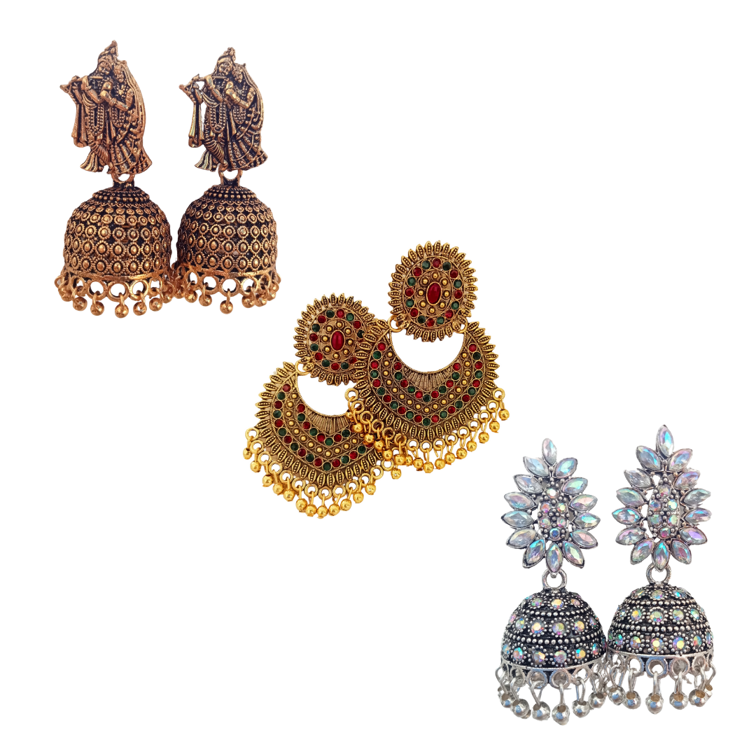 Silver and Gold colour Oxidiesd Traditional Jhumka for Women and Girls  [pack of 3]