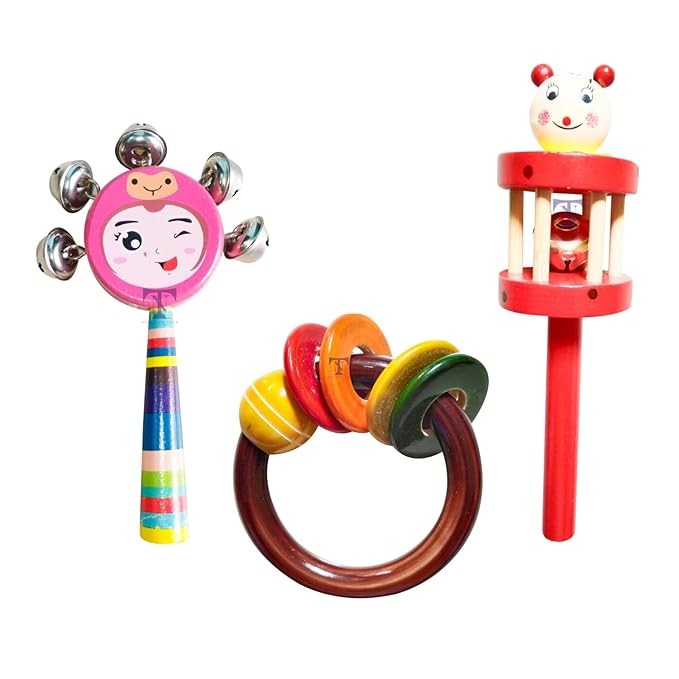 Nimalan's Toys Colourful Wooden Baby Rattle Toy - Hand Crafted Rattle Set for Kids - Musical Toy for Newly Born - Wooden Ring Teether for New Born Babies (Pack of 3) cage, face, Ring teether