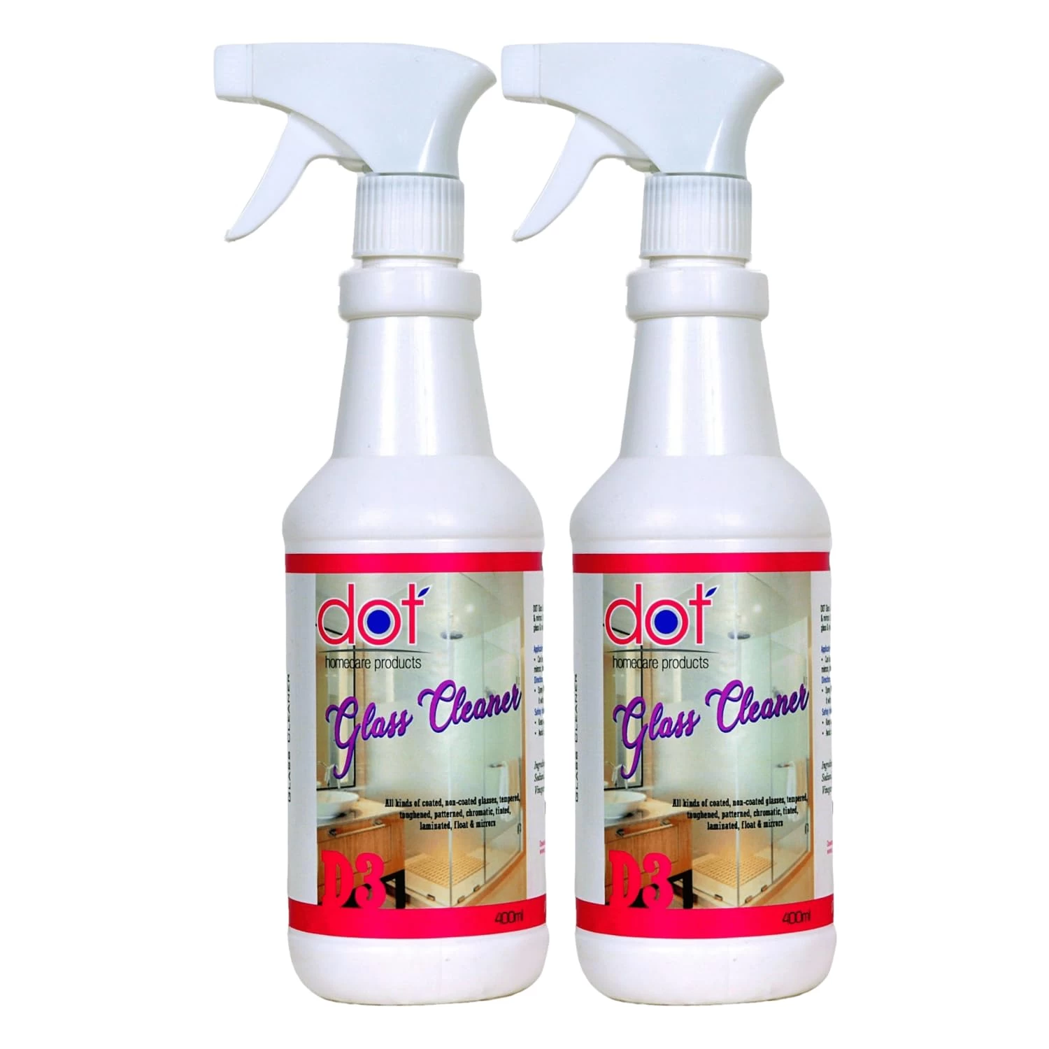 DOT Glass Cleaner 400ml (Pack fo 2) | surface glass | Indoor & Outdoor, Coated & Non-coated, Tempered, Chromatic, Laminated, Tinted glasses