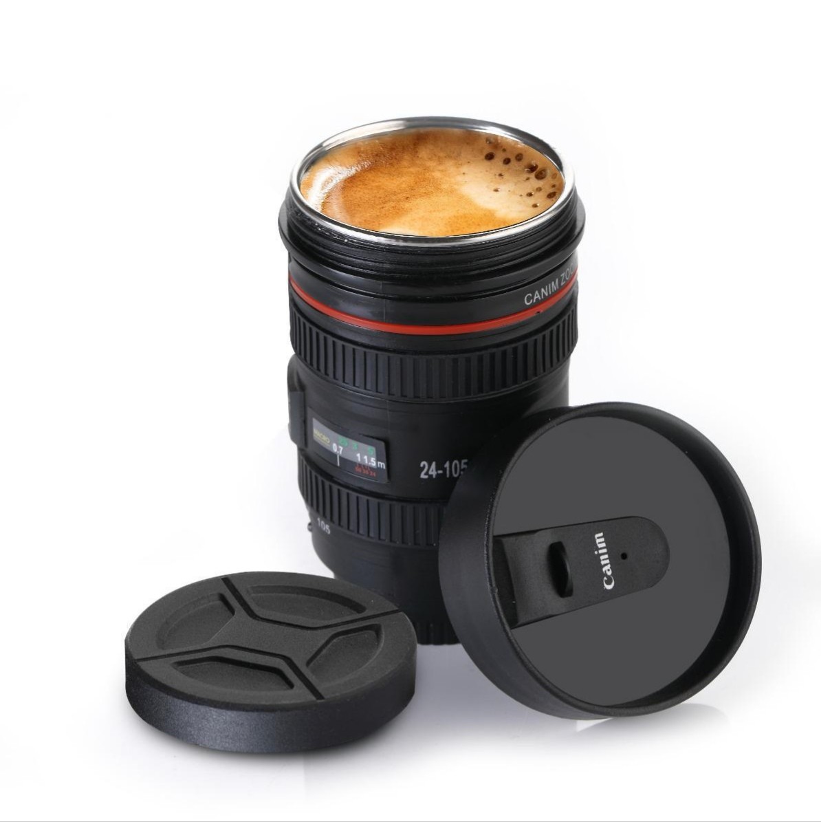 Camera Lens Shaped Coffee Mug with Lid and stainless steel Insulated coffee and TEA cup.