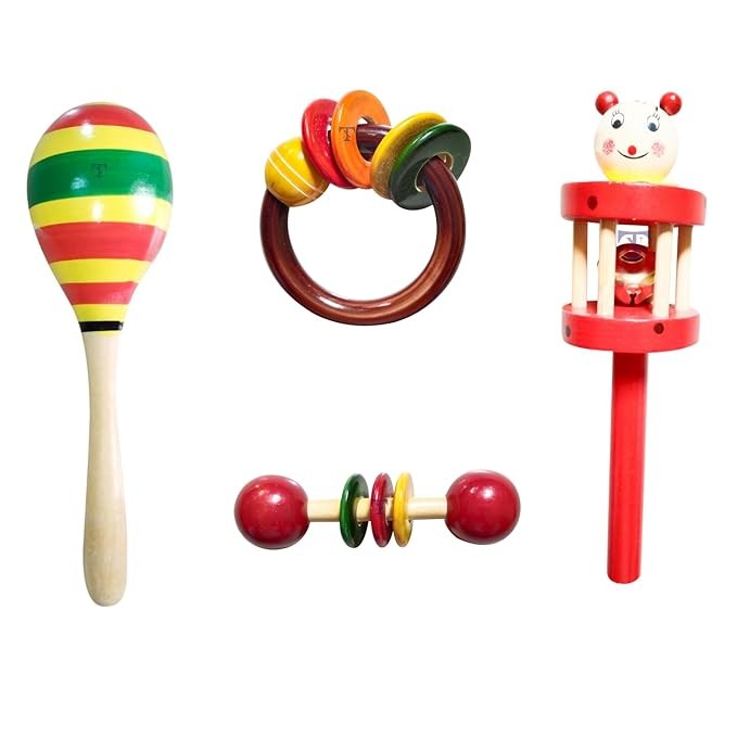 Nimalan's Toys Colourful Wooden Baby Rattle Toy - Hand Crafted Rattle Set for Kids - Musical Toy for Newly Born - Pack of 4(Cage, Egg, teether spl, Ring teether