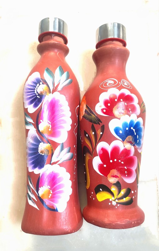 Traditional Self Cooling Clay Water Bottle With Steel Cap | Premium Hand-Painted(PACK OF 2)