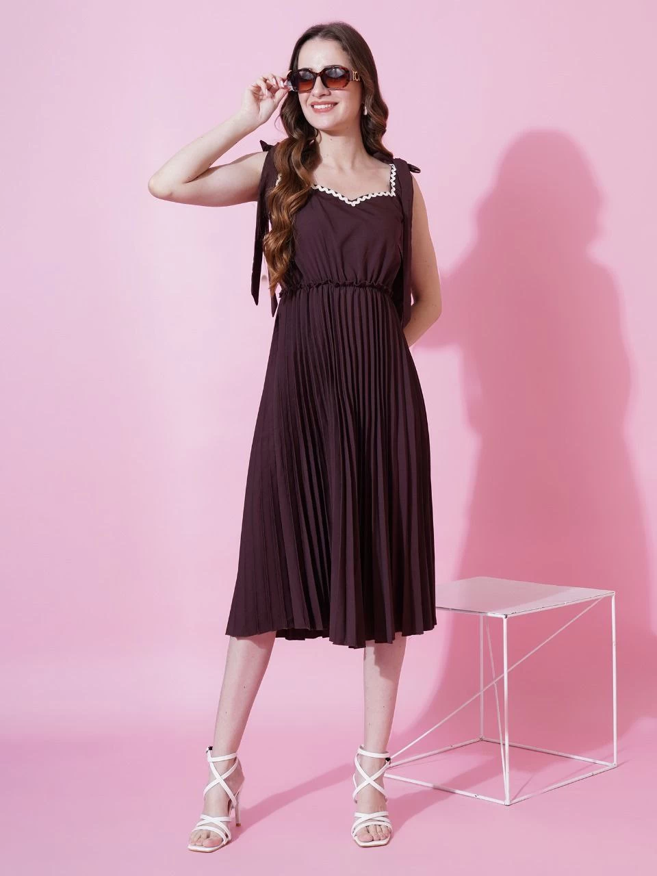 Women's Brown Heavy Crepe Crushed Flared Dress - Casual & Elegant Western Dress for Women, Perfect for Evening Occasions