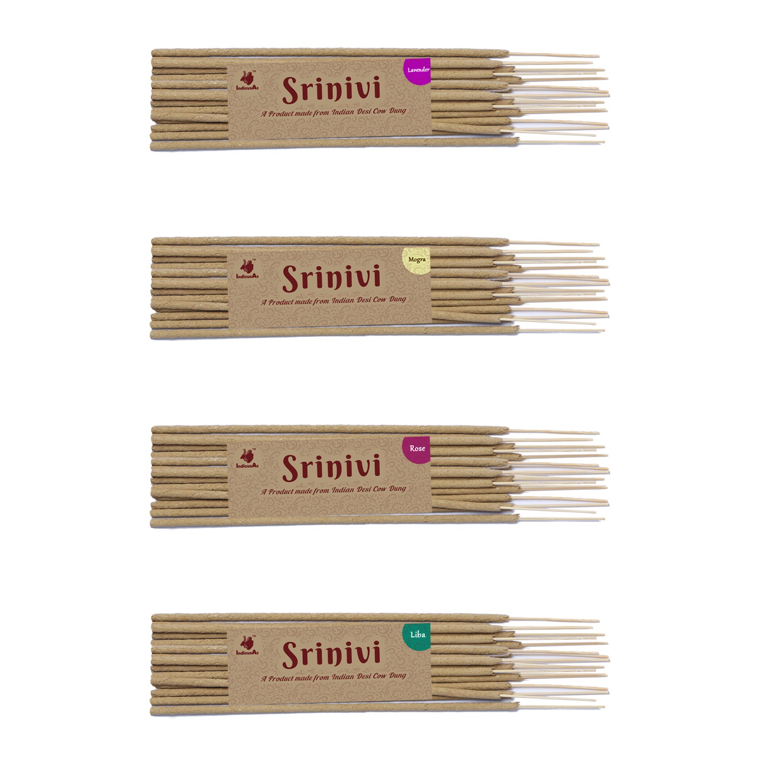 Srinivi Agarbattis - Made up of desi cow dung|Pack of 4|Each pack consists of 18 sticks|Fragrance - Lavender, Mogra, Rose, Thulasi.