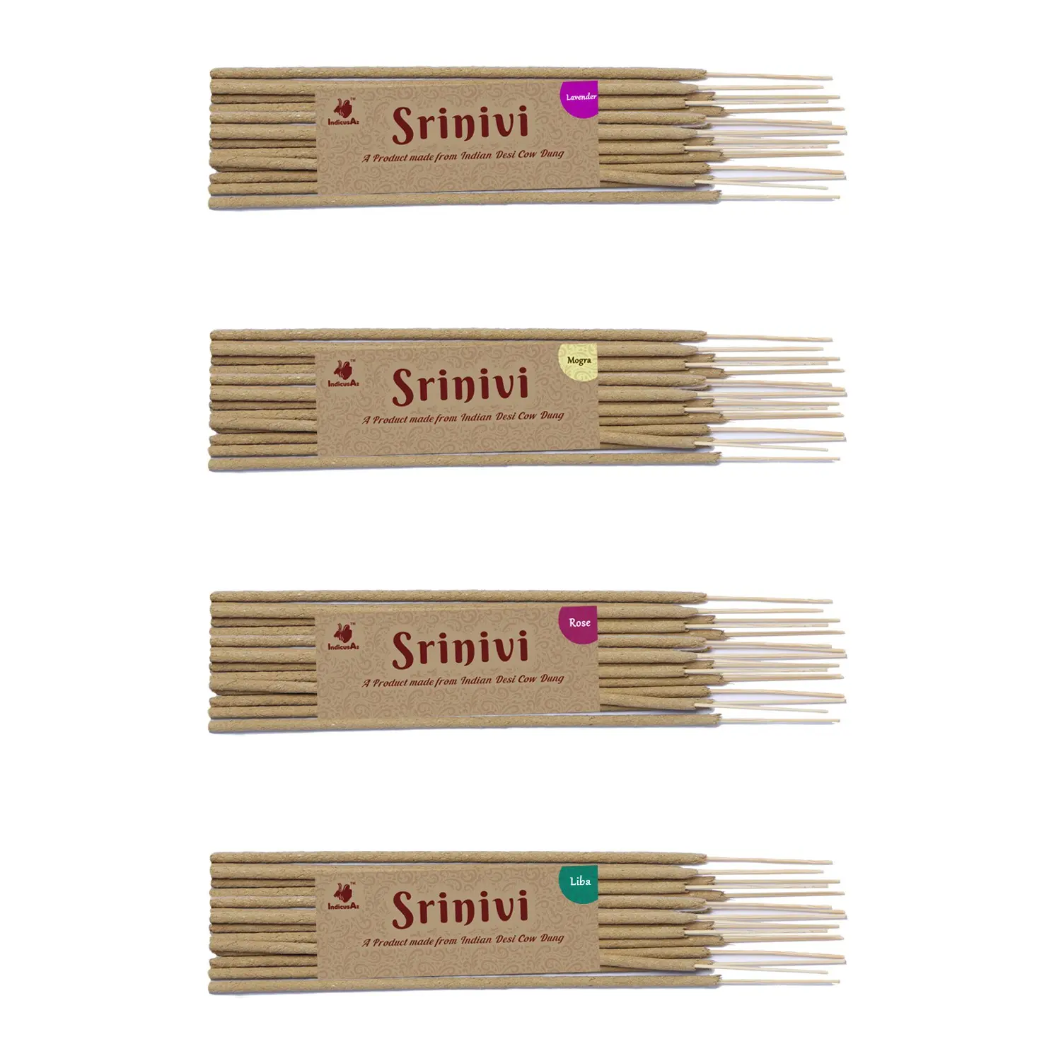 Srinivi Agarbattis - Made up of desi cow dung|Pack of 4|Each pack consists of 18 sticks|Fragrance - Lavender, Mogra, Rose, Thulasi.