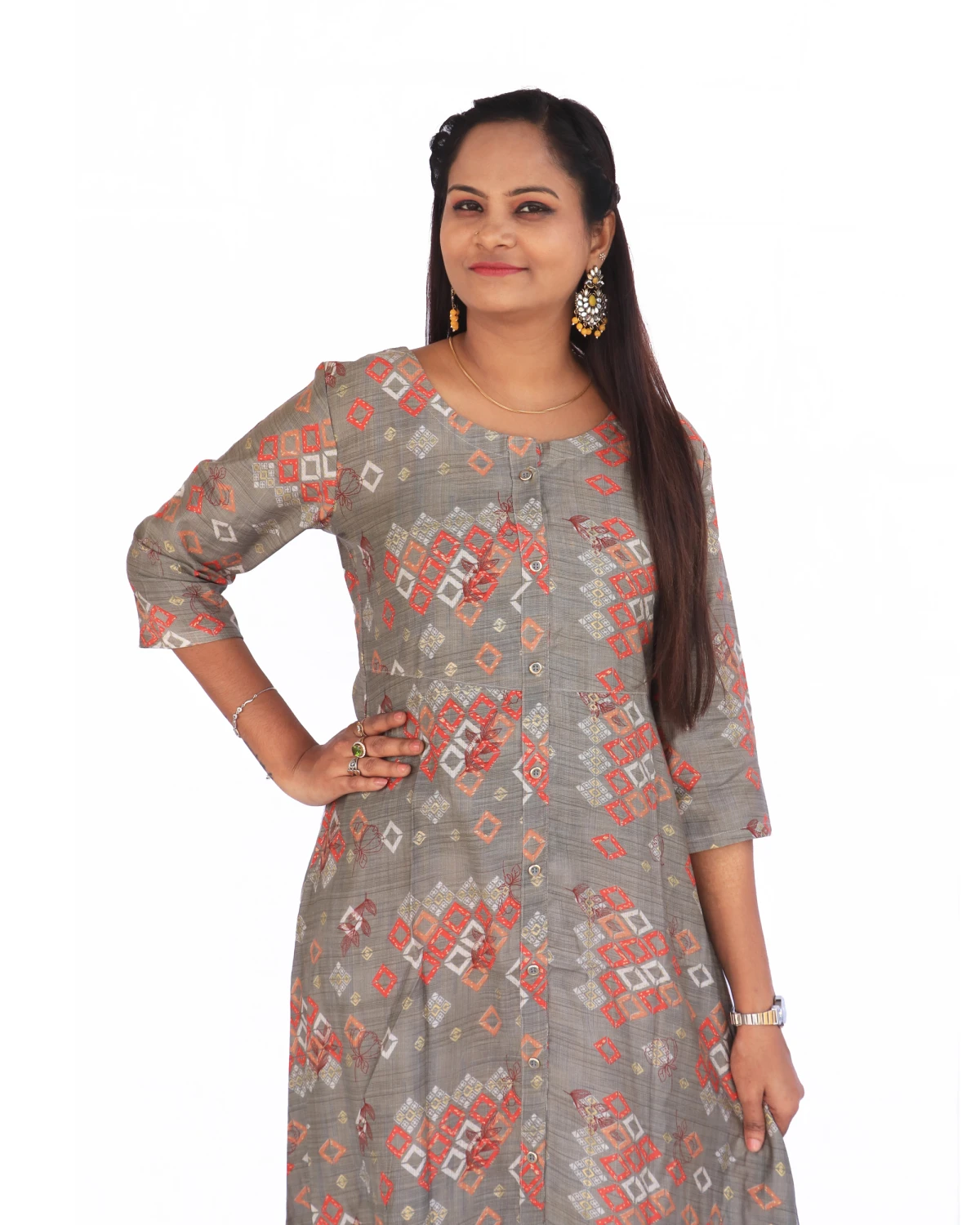 Grey Base Vatican Button-Down Kurta – 3/4th Sleeves, Round Neck, Perfect for Festive Season & Girls’ Outings