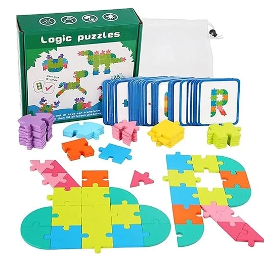 Logic Puzzle with Pattern Cards - Wooden Jigsaw Puzzle for Children Geometric Shapes Alphabet Number Variety Puzzle Gift for Kids with 48 Cards