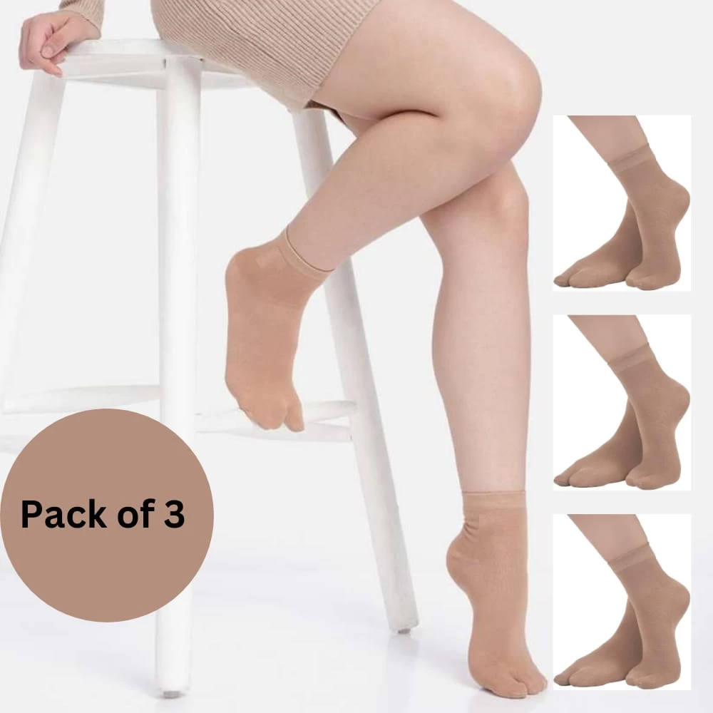 Viga - Women's Cotton Plain Ankle Length Winter Thumb Socks - Set of 3 (Beige)