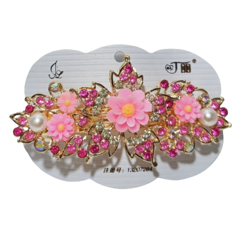 Stylish Flower Hair Clip for Women with Rhinestones and Studs - Hair Jewelry Accessory (Pink)