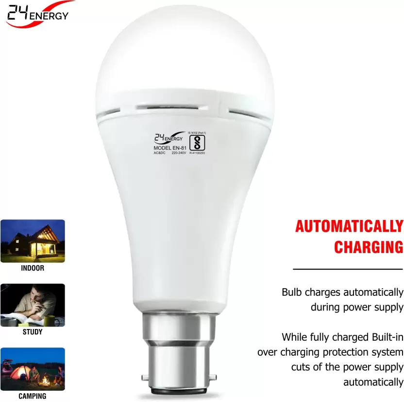 24 Energy Rechargeable Emergency 9 Watt B22 Inverter Led Bulb (White)