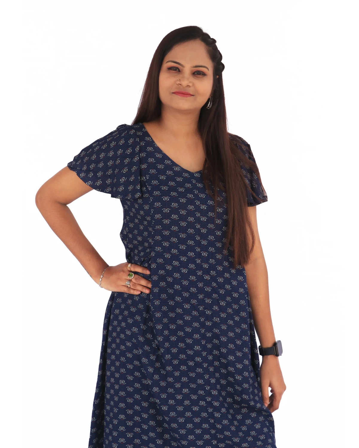 7Seas Divas Navy Blue Below-Knee Dress – V-Neck Flowy Sleeve Rayon Designer Dress for Women