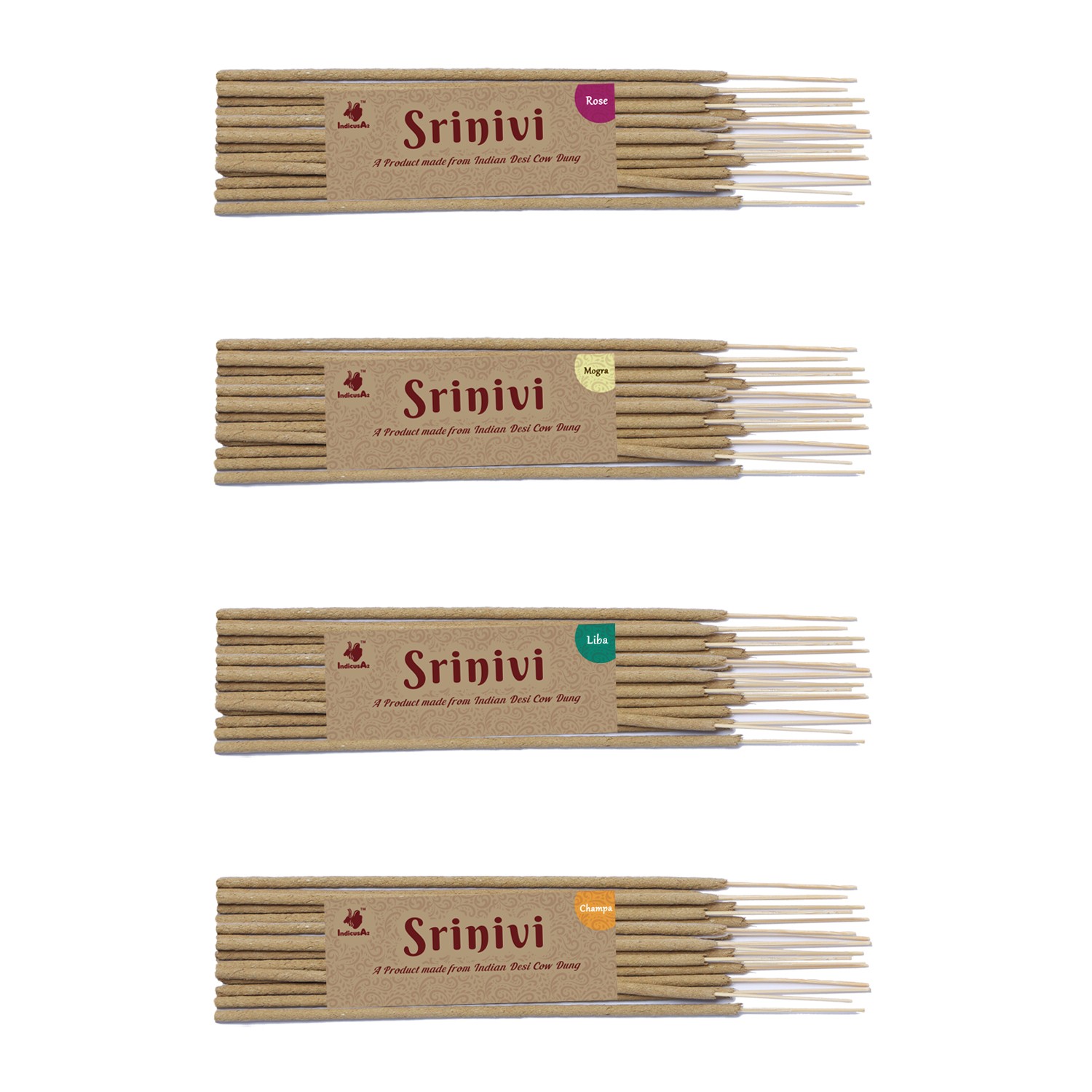 Srinivi Agarbattis - Made up of desi cow dung|Pack of 4|Each pack consists of 18 sticks|Fragrance – Rose, Mogra, Champa, Liba.
