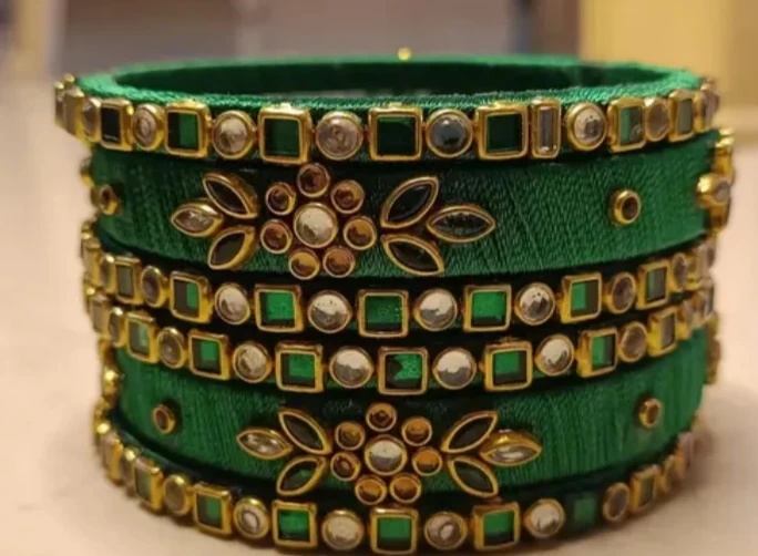 Thread Bangles Bridal Set | Dark Green Kundan Stone Bangles in Multiple Sizes