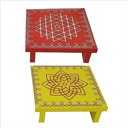 REDSL Chowki for mahalakshmi hrudaya kolam | Ishwarya Lakshmi kolam Wooden Pooja Chowki Traditional & Durable Perfect Decorative for Choki Small Pooja at Home | Festivals | Gifts (10X10X3 CM)(Pack of 