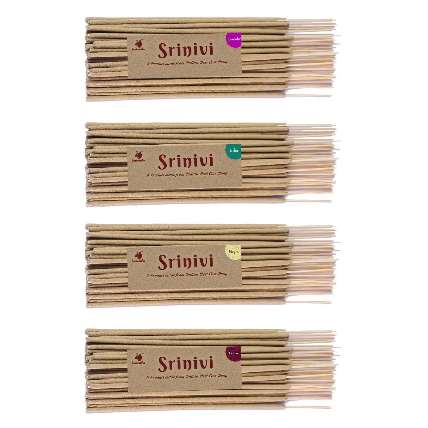 Srinivi Agarbattis - Made up of desi cow dung|Pack of 4|Each pack consists of 35 sticks|Fragrance – Lavender, Liba, Mogra, Thulasi.