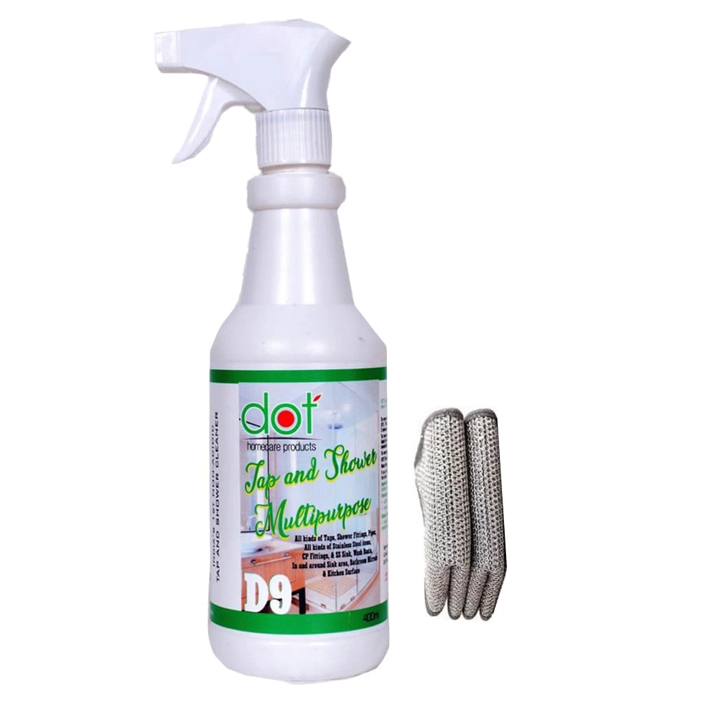 DOT Tap, Shower, Kitchen Surface, Mirror, Multipurpose Cleaner 400ml | ACID Free, Enamel & Eco Friendly for Branded & Elite fittings, SS Sink for white patches - Insect repellent