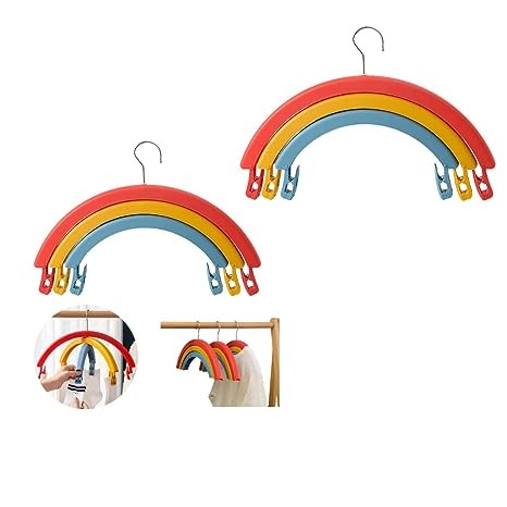 Combo(Pack of 2) Multifunctional Plastic Rainbow Cloth Hangers Rotating Three-Layer Clothes Hangers with Clips Home Drying Rack Clothes Hanger for Coat Sweater Jackets Pants Shirts etc.