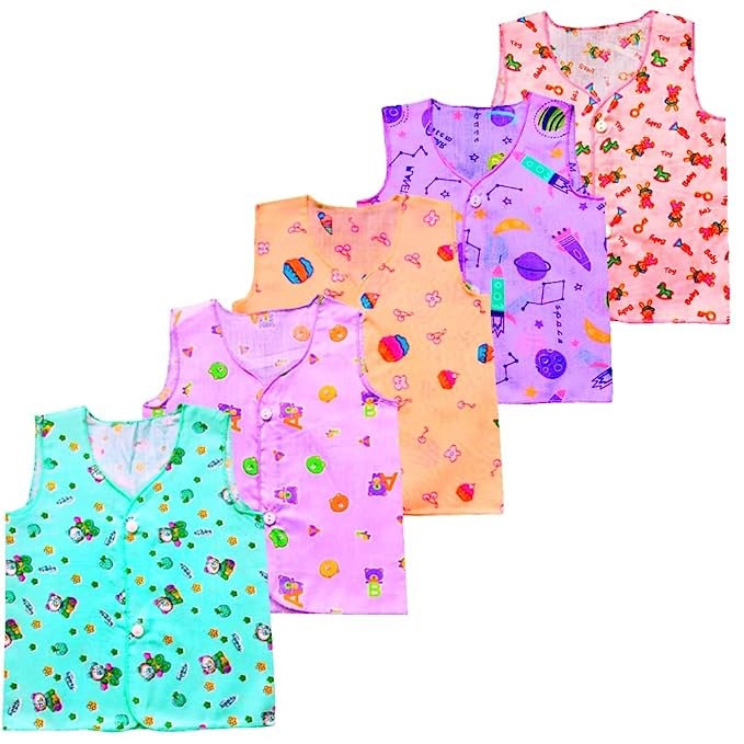 Fassify® New Born Baby Boy/Girl(Unisex) Jablas/Vest/Top/Dress/Shirt with FBO,100% Cotton Woven Muslin Soft fabric|Comfortable fitting|Breathable fabric|Stylish print. Multi Color&designPack of 5 pcs