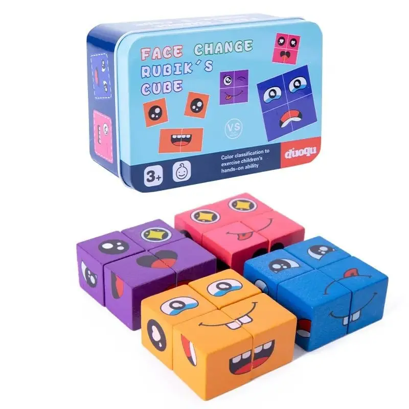 Viva Smile Wooden Face Cube Change Puzzle for Kids, Emoji Expressions Matching Game, Gifts Boys & Girls, 16 Face Blocks & 72 Playing Cards, 3+ Years