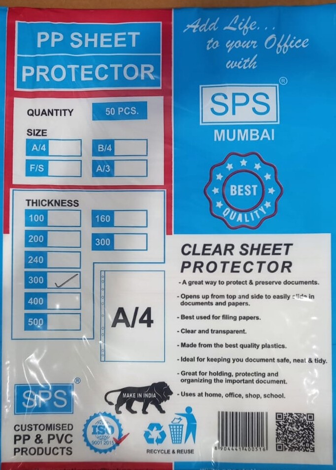 SPS A4 Size Sheet Protectors - 300 Micron, Top-Load, 11-Hole Design(Pack of 50)