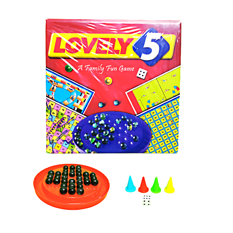 ECOMMZ Five in One Fun Board Game Brainvita, Car Rally, Cricket, Football Snake & Ladders Board Games Set for Kids and Family | 2-4 Players