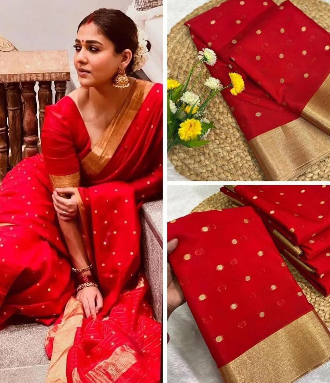 Kanjivaram Banarasi Silk Saree - Elegant Red | Soft Semi Cotton Silk Saree Inspired by Nayanthara