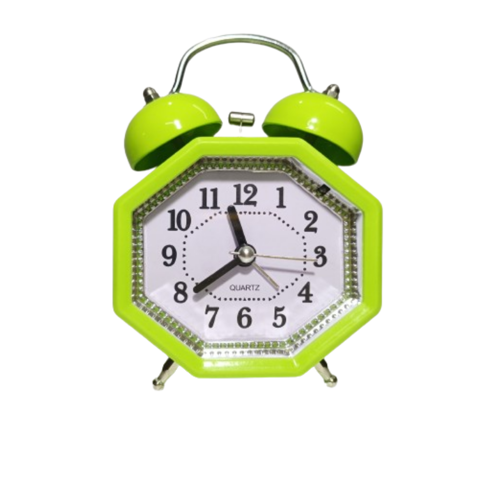 Analog Alarm Clock with Twin Bell Ringing and Nightlight (Green hexagon)