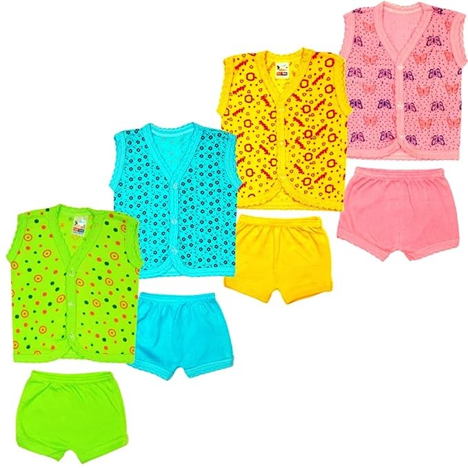 New Born Baby Boy & Girls Stylish Trendy Top/TShirt and Shorts Dress set with front button open. Pack of 4 pc set (0-6 Months)(Multicolor,Multidesign)